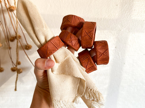 Hand Carved Terra Cotta Napkin Rings, set of 6