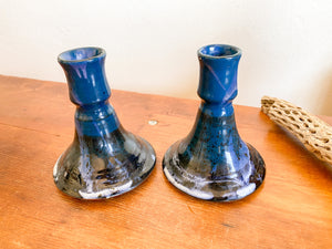 Blue Ceramic Candlestick Holders, pair