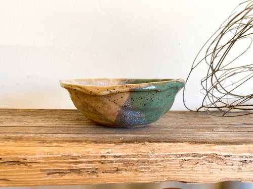 Turquoise & Beige Pinched Pottery Bowl
