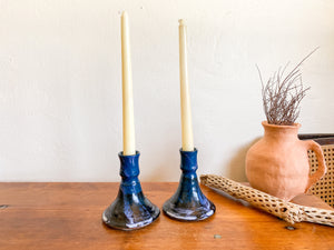 Blue Ceramic Candlestick Holders, pair