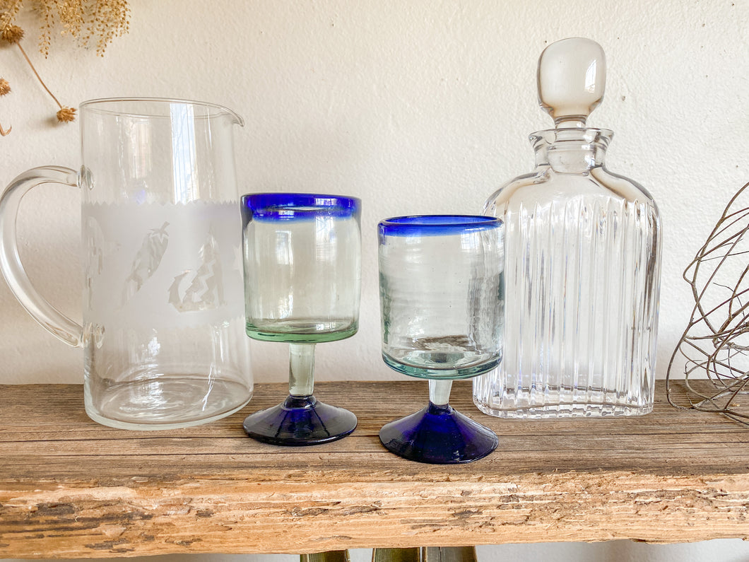 Blue Rimmed Mexican Wine Glasses, pair